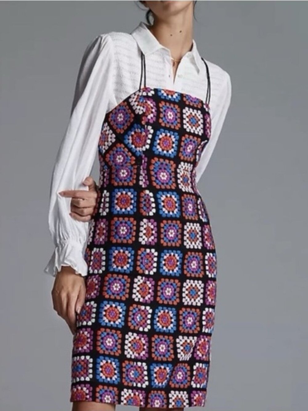 Anthropologie Granny Square Slip Dress Vibrant Colorful Festival Womens 8